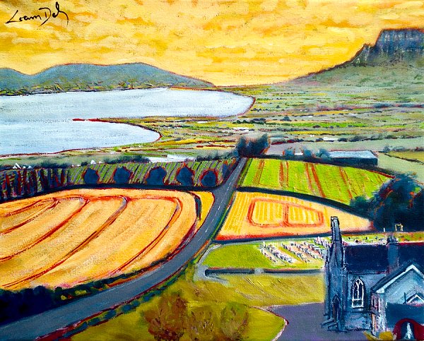 Painting of Lough Foyle, Magilligan, and Binevenagh from up by St Finlough's Church on the Loughermore Road